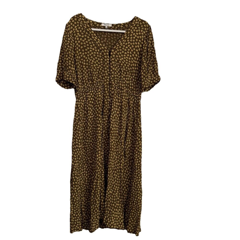 Madewell Dress 14 Brown Floral Button Cuff Midi Woodcut Flowers Cottage Peasant